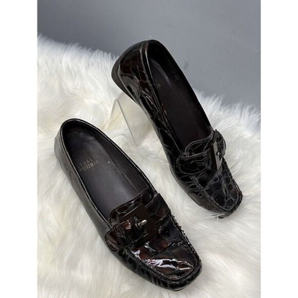 Stuart Weitzman Loafer Womens 5.5 Buckle Croc Embossed Patent Leather Brown